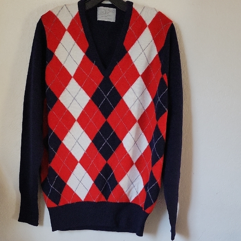 Sweater Men’s Vintage BERK 100% Pure Cashmere Red, White, and Navy Blue Size L